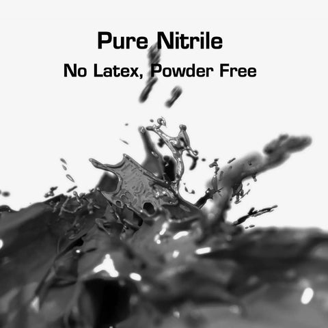 Black fluid splash with 'Pure Nitrile No Latex, Powder Free' text highlighting Textured Nitrile Exam Gloves Latex Free And Powder Free 5 Mil Non Sterile Disposable Gloves For Cooking And Cleaning With Crazy Good Grip And Puncture Resistance.
