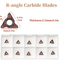 10Pcs triangular carbide inserts in a white plastic organizer; brown tungsten carbide blades for pneumatic chamfer tool.