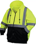 Hi Vis Lime Zipper Sweatshirt With Black Bottom Reflective Two Inch Tape Mesh Lined Hood With Adjustable Drawcord 100 Percent Polyester Fleece Elastic Cuffs And Waist Front Pockets On The Job Ready Gear Size Extra Large