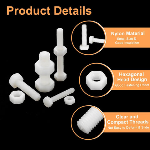 Slick White Nylon M5 Hex Screw And Nut Set, 25 Pair M5X50mm Bolts Fasteners showing hex head design and compact threads.