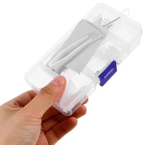 Person holding portable All In One Eyeglass Repair Kit With 99 Piece Screw Set Nose Pads And Precision Screwdrivers for glasses in clear case