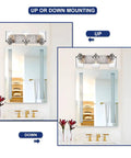 3 Light Vanity Bar Over Mirror With Brushed Nickel Finish And Clear Glass Shades showing up and down mounting options in bathroom