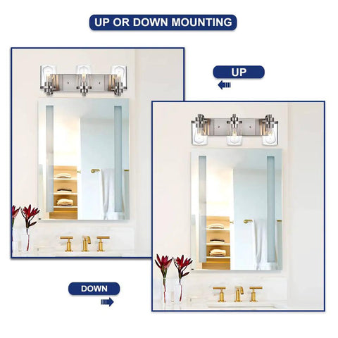 3 Light Vanity Bar Over Mirror With Brushed Nickel Finish And Clear Glass Shades showing up and down mounting options in bathroom