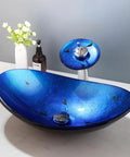 Cool Black Blue Glass Vessel Sink With Waterfall Faucet And Drain Oval Boat Shape Above Counter Modern Tempered Glass Bathroom Sink Artistic Glass Wash Basin For Contemporary Bathrooms showcased on a white counter