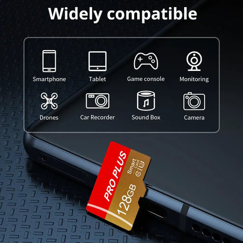 Two Pack 128GB Micro TF Card With Adapter High Speed UHS I C10 A1 Memory Card inserted into device with compatibility icons