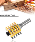 Professional Adjustable Finger Joint Router Bit With Half Inch Shank Built Heavy to slash your setup time, showing yellow tungsten carbide cutters.