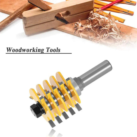 Professional Adjustable Finger Joint Router Bit With Half Inch Shank Built Heavy to slash your setup time, showing yellow tungsten carbide cutters.