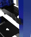 Close-up of Beefy 12 Ton Hydraulic H-Frame Shop Press with adjustable floor stand, showcasing metal stamping plates.