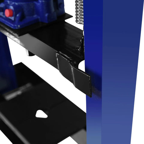 Close-up of Beefy 12 Ton Hydraulic H-Frame Shop Press with adjustable floor stand, showcasing metal stamping plates.
