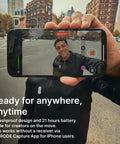 Person recording on smartphone using Two Mic Wireless Microphone System With Charging Case For Smartphones USB C No Cable Needed Quick Pairing Built In Mics GainAssist Auto Leveling Clear Sound For Vlogging Podcasts And Live Streaming Easy Plug And Play.