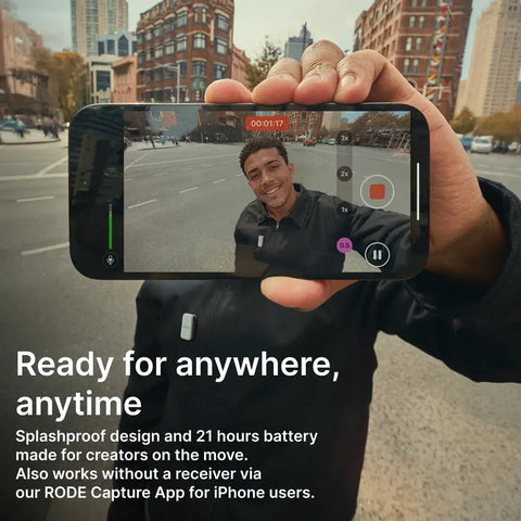 Person recording on smartphone using Two Mic Wireless Microphone System With Charging Case For Smartphones USB C No Cable Needed Quick Pairing Built In Mics GainAssist Auto Leveling Clear Sound For Vlogging Podcasts And Live Streaming Easy Plug And Play.