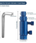 Beefy Heavy Duty Pipe Extractor And Screw Extractor Set For Pipe Wrench And Faucet Removal, Removes Broken Or Stripped Bolts And Rusted Threads In 1/2 3/4 And 1 Inch, Blue Durable Tool For Quick Pipe Repair, showing blue tool and hex key with size dimensions