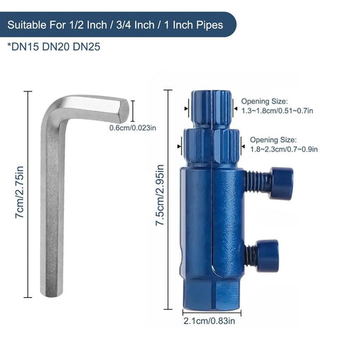Beefy Heavy Duty Pipe Extractor And Screw Extractor Set For Pipe Wrench And Faucet Removal, Removes Broken Or Stripped Bolts And Rusted Threads In 1/2 3/4 And 1 Inch, Blue Durable Tool For Quick Pipe Repair, showing blue tool and hex key with size dimensions