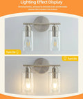 Sleek Two Light Brushed Nickel Vanity Light Fixture Over Mirror With Clear Glass Shades Modern Wall Sconce, lighting display