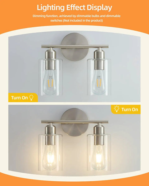 Sleek Two Light Brushed Nickel Vanity Light Fixture Over Mirror With Clear Glass Shades Modern Wall Sconce, lighting display