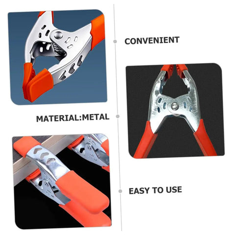 Heavy Duty Metal Spring Clamps With Ergonomic Handles Built Tough For Woodworking Carpentry And Model Making Red Coated Shop Essentials showing metal clamps with orange grips and functionality.