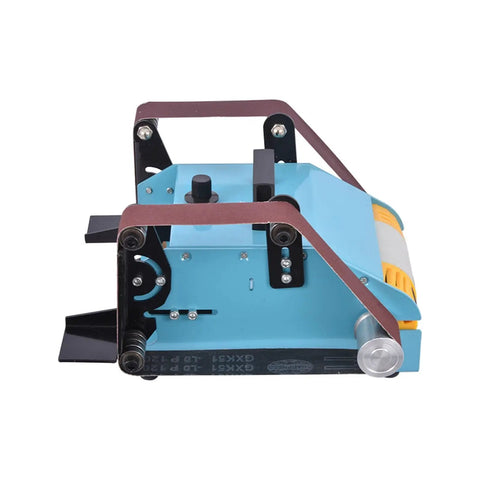 Hot Deal On This Badass 950W Desktop Double Axis Belt Sander And Polisher showing the blue sander's adjustable speed control and dual-axis design.