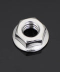 Close-up of a single 3/8-16 Serrated Flange Hex Lock Nuts Stainless Steel 18-8 304 Bright Finish on a glossy surface.