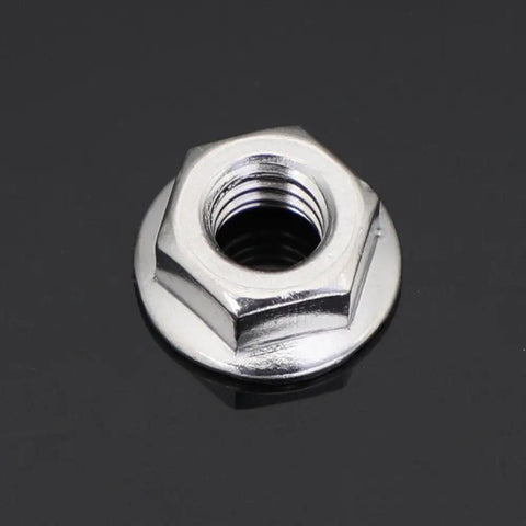 Close-up of a single 3/8-16 Serrated Flange Hex Lock Nuts Stainless Steel 18-8 304 Bright Finish on a glossy surface.