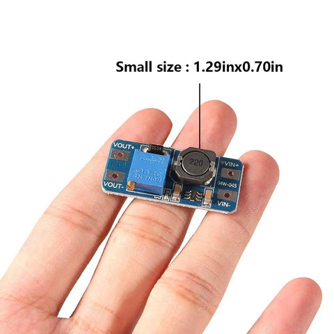Pack Of 10 Dope MT3608 DC-DC Step Up Boost Converter Modules shown in hand for size comparison, 1.29inx0.70in
