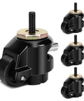 Heavy Duty Leveling Stem Casters Set Of Four Retractable Furniture Wheels Black Thread Base Mover For Machines Shelves And Workshop Equipment close-up view of a black caster with a threaded stem.