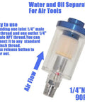Heavy Duty Inline Air Water Separator For Spray Guns And Pneumatic Tools, Blocks Moisture And Particles Cold, Quarter Inch Npt Fitting, Keeps Your Compressor Setup Squeaky Clean, 90 Psi, 4 Pack with clear body and release button.