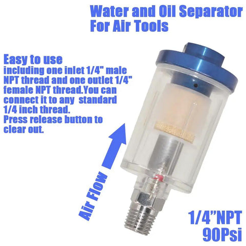 Heavy Duty Inline Air Water Separator For Spray Guns And Pneumatic Tools, Blocks Moisture And Particles Cold, Quarter Inch Npt Fitting, Keeps Your Compressor Setup Squeaky Clean, 90 Psi, 4 Pack with clear body and release button.