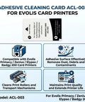 Adhesive Cleaning Cards For Evolis Primacy Zenius Elypso Badgy 200 Compatible Card Printer Roller Maintenance Kit image showing cleaning card usage instructions and compatibility.