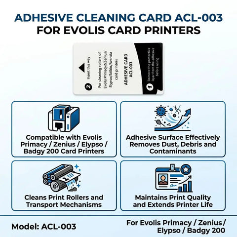 Adhesive Cleaning Cards For Evolis Primacy Zenius Elypso Badgy 200 Compatible Card Printer Roller Maintenance Kit image showing cleaning card usage instructions and compatibility.