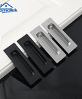 2 Pack 120mm Flush Sliding Door Pulls Recessed Finger Pulls For Sliding Barn Bypass Doors Pocket Doors Cabinets And Furniture Rectangular Invisible Pull Black Matte Finish 4.75 Inches in black and stainless steel on white panel