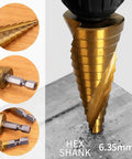 Step Drill Bit Set 4 To 22mm HSS Titanium Coated With Quick Change Cone And 1 Quarter Inch Hex Shank drilling into metal