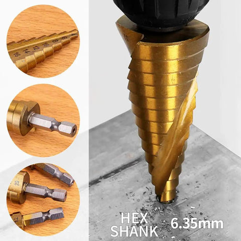 Step Drill Bit Set 4-32mm HSS Titanium Coated Quick Change Cone Bit With One Quarter Inch Hex Shank For Metal Plastic Wood