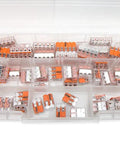 Lever Nuts 75 Piece Wire Connector Kit With Case For Solid Stranded And Flexible Copper Wires No Hassle Install Quick Secure Reliable Junction Box Connections Space Saving Up To Forty Percent in organized plastic case with three connector sizes visible