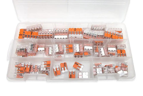 Lever Nuts 75 Piece Wire Connector Kit With Case For Solid Stranded And Flexible Copper Wires No Hassle Install Quick Secure Reliable Junction Box Connections Space Saving Up To Forty Percent in organized plastic case with three connector sizes visible
