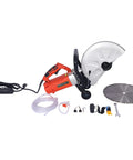 Badass 14 Inch Wet Dry Concrete Cut Off Saw Harnessing A Rock Solid 3000W 120V Motor with blade, hose, and accessories.