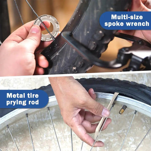 Person using Eight Piece Bike Spoke Wrench Tool Kit For Rim Truing And Tire Levers With Storage Box on bicycle wheel