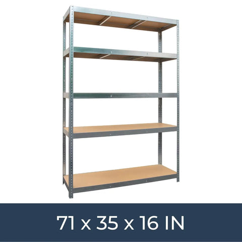 Heavy Duty 5 Tier Galvanized Steel Garage Shelving Unit With 2000 Lb Per Bay Capacity, angle view with dimensions