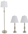 3-Piece Home Lighting Set With Two Table Lamps And One Floor Lamp In Silver Finish, white shades, shown against white backdrop.