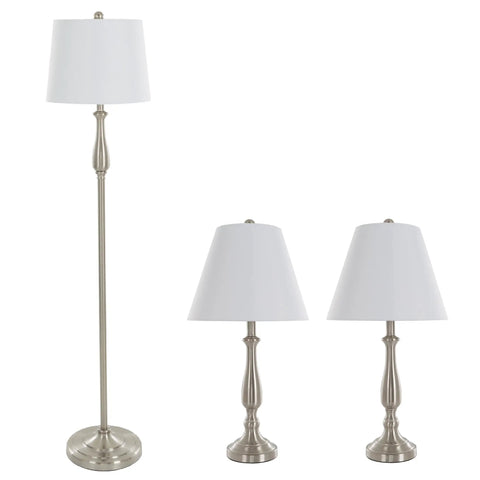 3-Piece Home Lighting Set With Two Table Lamps And One Floor Lamp In Silver Finish, white shades, shown against white backdrop.
