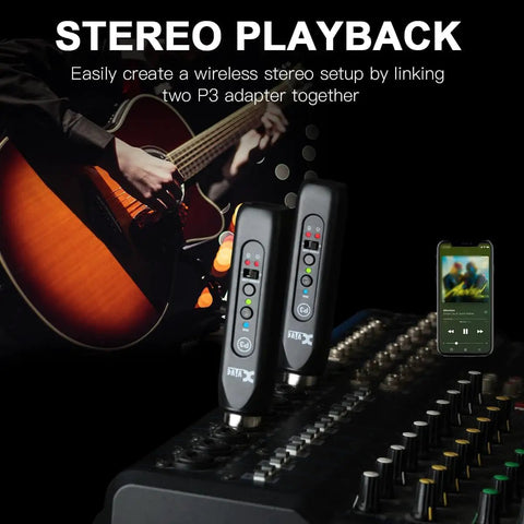 Bluetooth XLR Receiver For Audio Mixers PA Systems And DJ Setups With Professional Wireless Connectivity And High Fidelity Audio For Studio And Live Sound Easy Setup And Reliable Wireless Range on a sound mixer with guitar and smartphone in view.