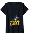 Napping Like A Boss Nap Meme V-Neck T Shirt For Women - Funny office humor tee with cartoon boss napping, lightweight fabric