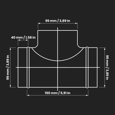 Heavy Duty Galvanized Steel Four Inch Tee Shape Ducting Splitter Solid Ninety Degree Vent Adapter dimensions 99mm x 150mm.