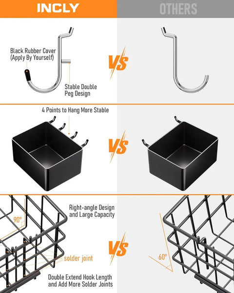 Pegboard Organizer Kit With 238 Pieces Hooks Bins Baskets Paper Towel Holder For One Eighth And One Quarter Inch Pegboards Solid Garage Wall Storage And Tool Hanger Set comparison chart showing design differences and features