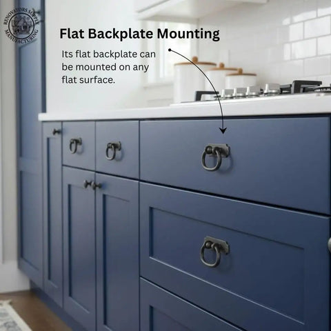 Wrought Iron Cabinet Ring Pull Set Black Antique Colonial Hepplewhite Style on blue kitchen drawers, flat backplate mounting.