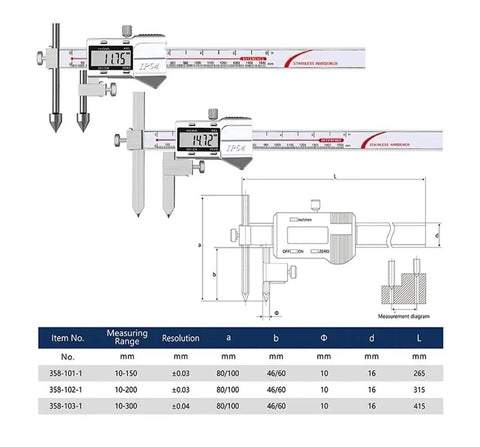 Center Distance Digital Caliper Hole Distance Electronic Vernier Ruler Cone Probe Electronic Caliper Hole Center Distance Ruler(5-150mm) with measurements
