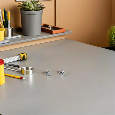 Solid Stainless Steel 108 Piece Machine Screw Nuts And Washers Assortment Kit Bolts on a workspace with tools.