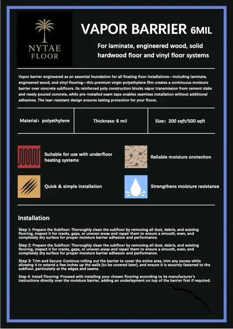 Heavy Duty 6 Mil Vapor Barrier Underlayment For Laminate And Vinyl Flooring with installation instructions and features chart.