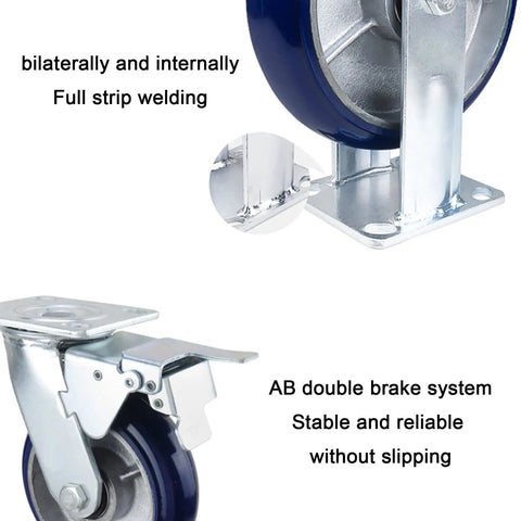 Heavy Duty Four Pack Of Eight Inch Polyurethane Swivel Caster Wheels Featuring Built Like A Tank Durability Smooth silent rolling brake and rock solid cast iron hub for garden carts showcasing AB double brake system.