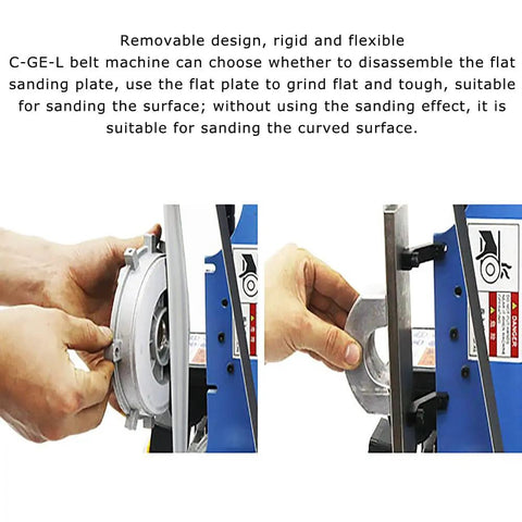 Close-up of Heavy Duty Vertical Belt Sander 1500 Watt Belt Grinder And Polisher showing removable sanding plate for curved surfaces.