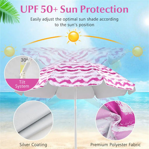 Six Point Two Foot Beach Umbrella With Two Folding Chairs And Waterproof Blanket Grab And Go Pink 4 Piece Beach Set showing UPF 50+ sun protection with tilt and fabric details.